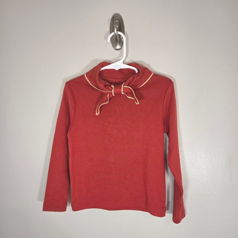 Misha & Puff Organic Pima Cotton Pullover Top Red Tie Neck Long Sleeve 4Y